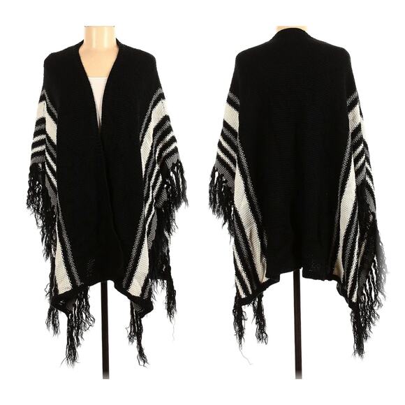 Black + White Striped  Open Front Fringe Poncho Cardigan M/L Boho Fall Layering - Picture 2 of 15